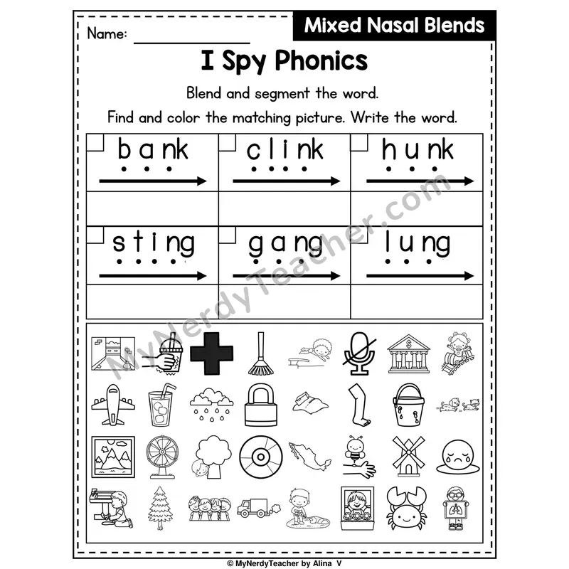 I Spy Phonics Worksheet — Mixed Nasal Blends — ng, nk