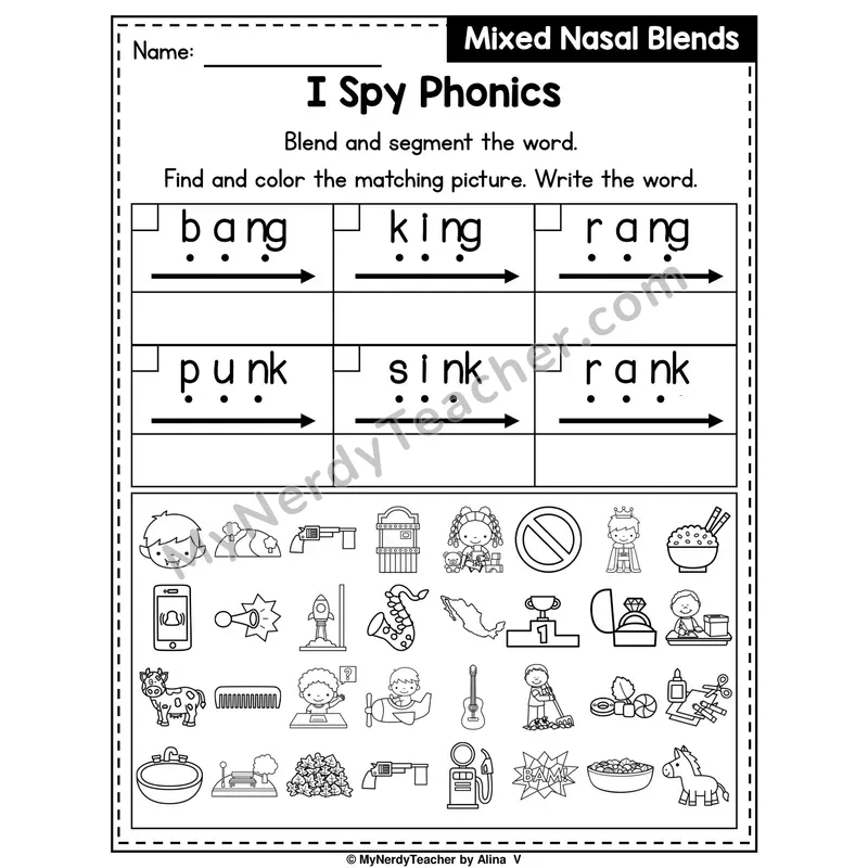 I Spy Phonics Worksheet — Mixed Nasal Blends — ng, nk
