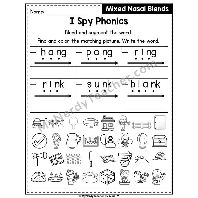 I Spy Phonics Worksheet — Mixed Nasal Blends — ng, nk