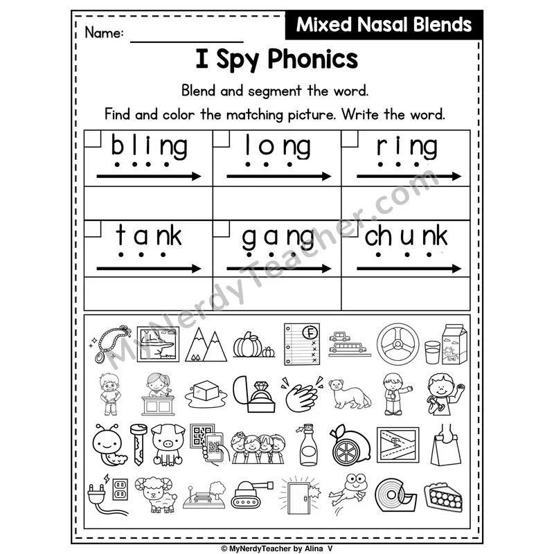 I Spy Phonics Worksheet — Mixed Nasal Blends — ng, nk