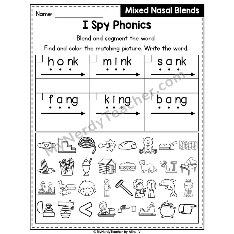 I Spy Phonics Worksheet — Mixed Nasal Blends — ng, nk