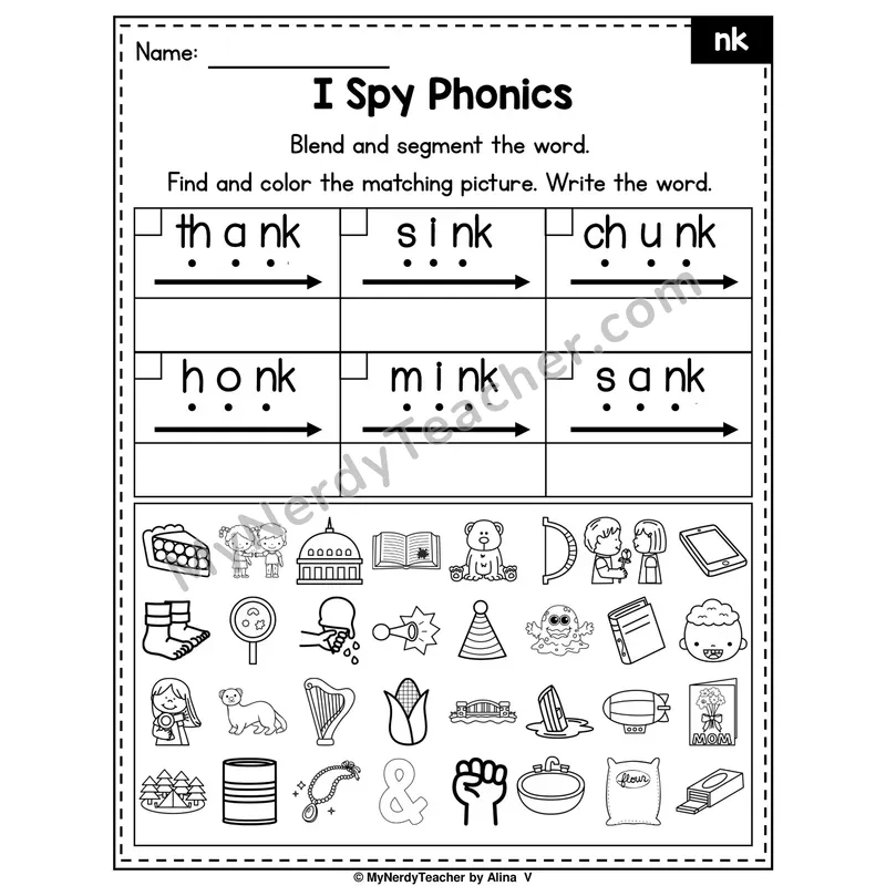 I Spy Phonics Worksheet — NK Nasal Blend