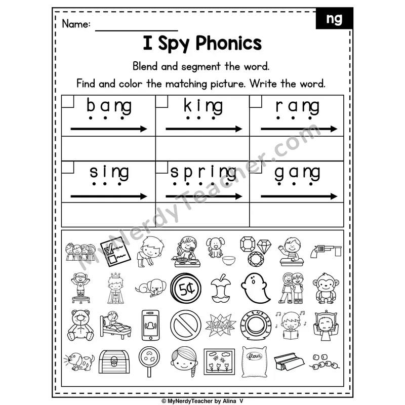 I Spy Phonics Worksheet — NG Nasal Blend