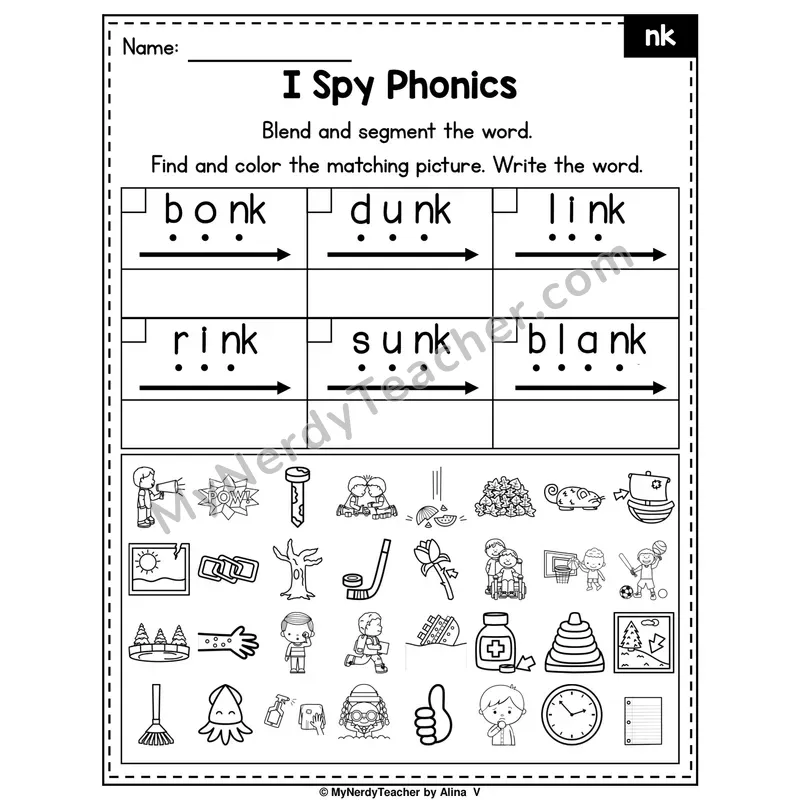 I Spy Phonics Worksheet — NK Nasal Blend