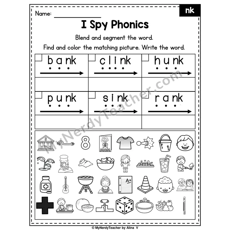 I Spy Phonics Worksheet — NK Nasal Blend