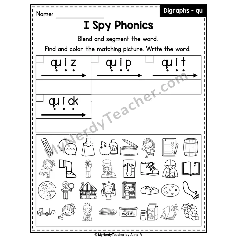 I Spy Phonics Worksheet — QU Digraph