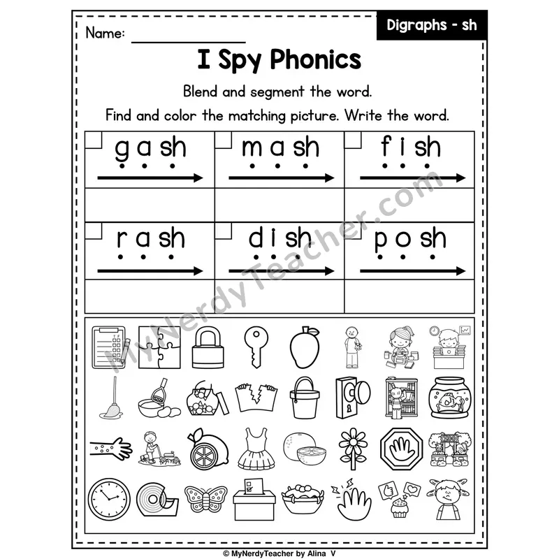 I Spy Phonics Worksheet — SH Digraph