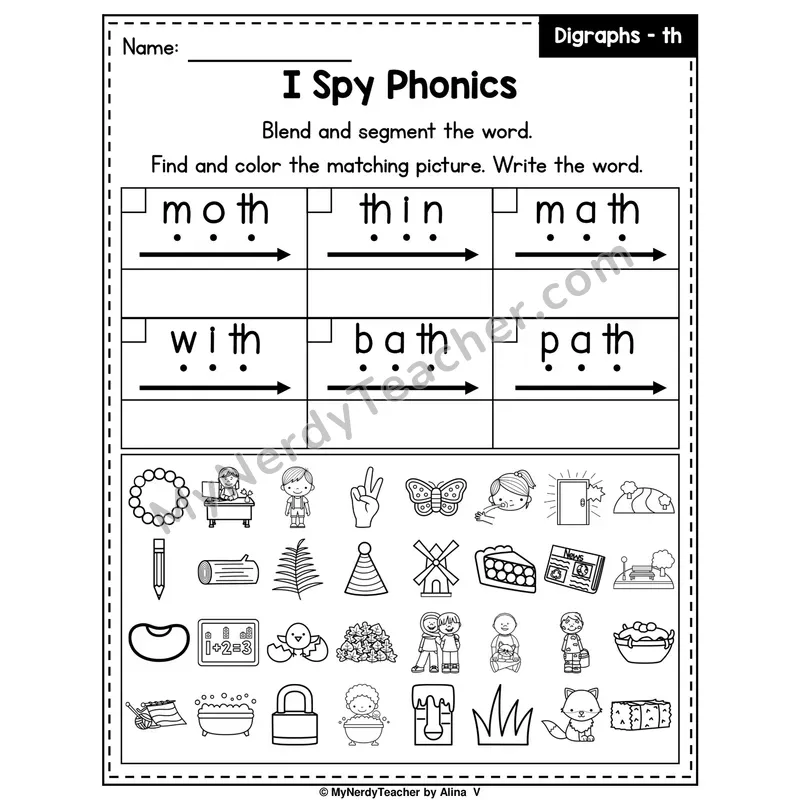 I Spy Phonics Worksheet — TH Digraph