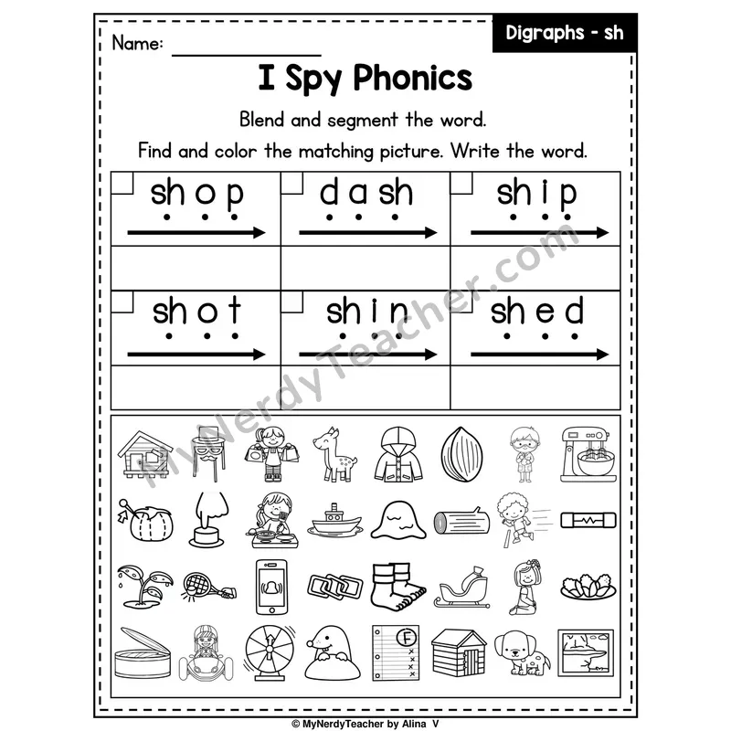 I Spy Phonics Worksheet — SH Digraph