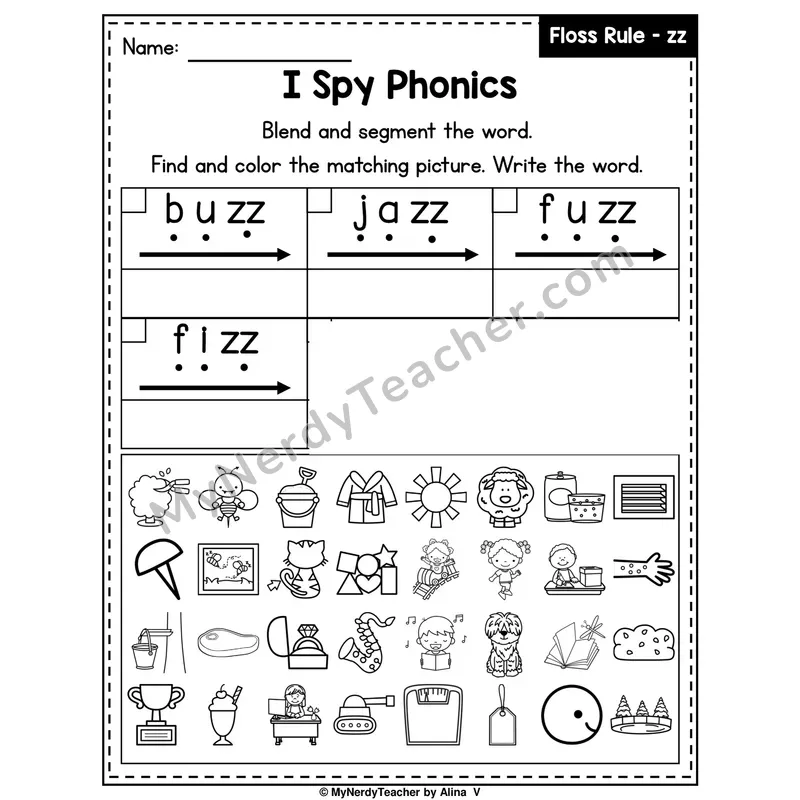 I Spy Phonics Worksheet — Floss Rule — zz