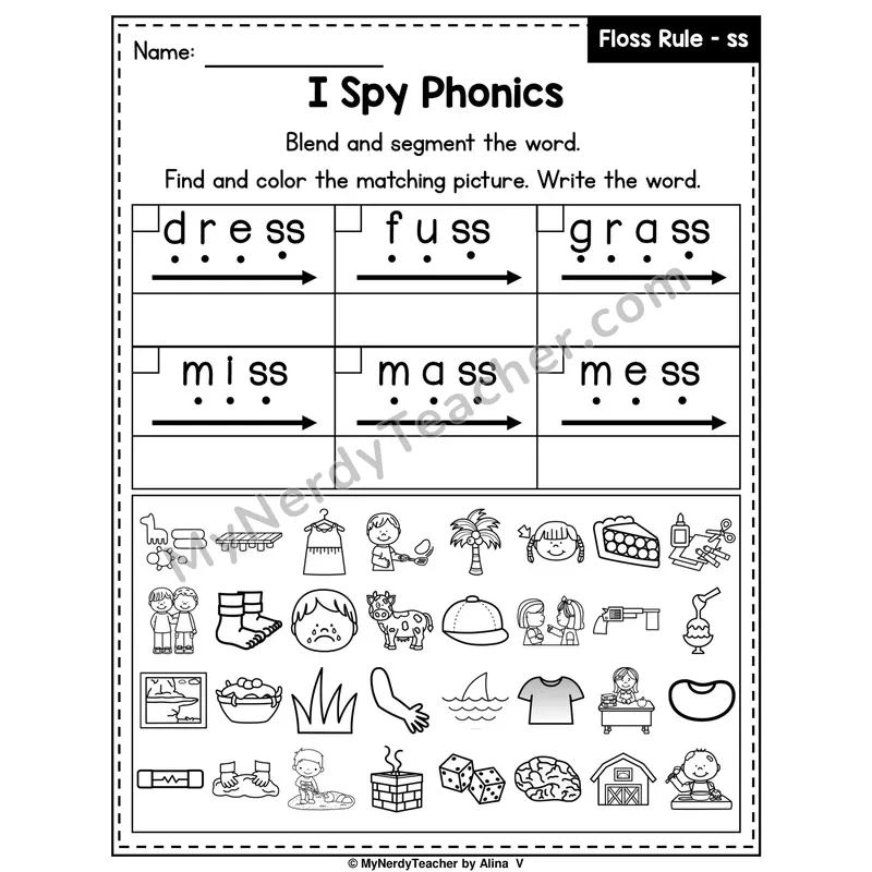 I Spy Phonics Worksheet — Floss Rule — ss