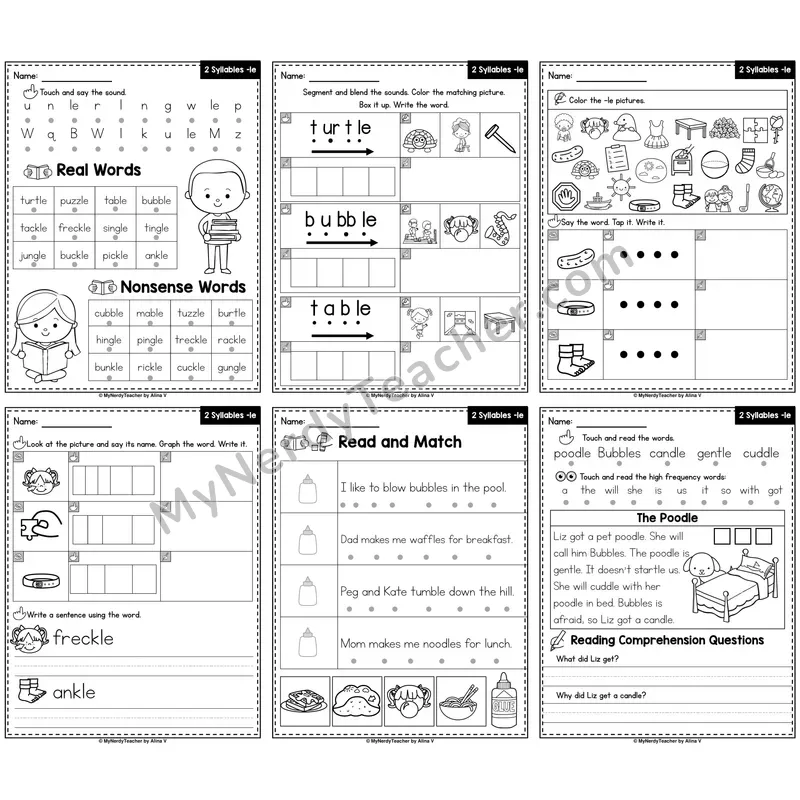 Two-Syllable Consonant-LE Pattern Phonics Worksheet Pack