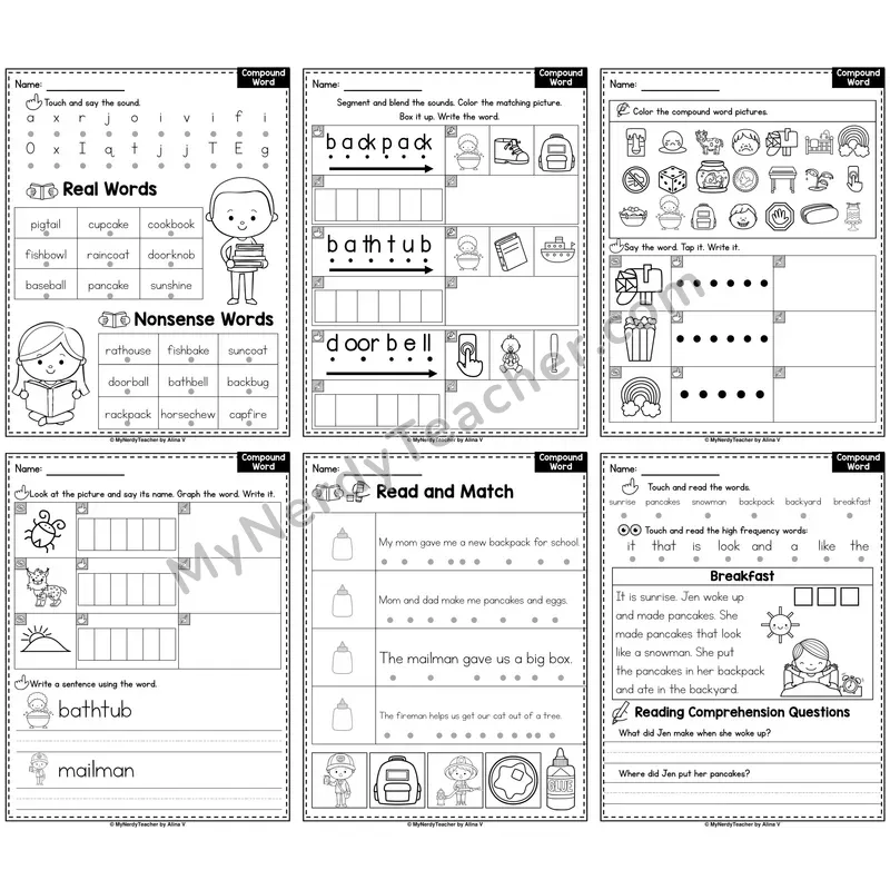 Compound Words Phonics Worksheet Pack