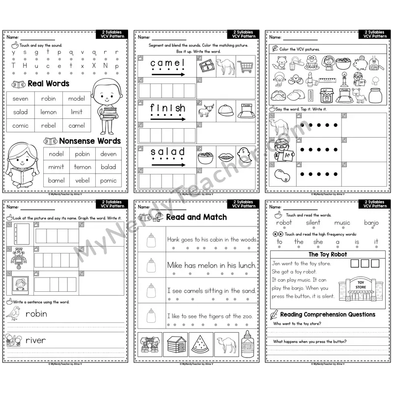 Two-Syllable VCV Pattern Phonics Worksheet Pack