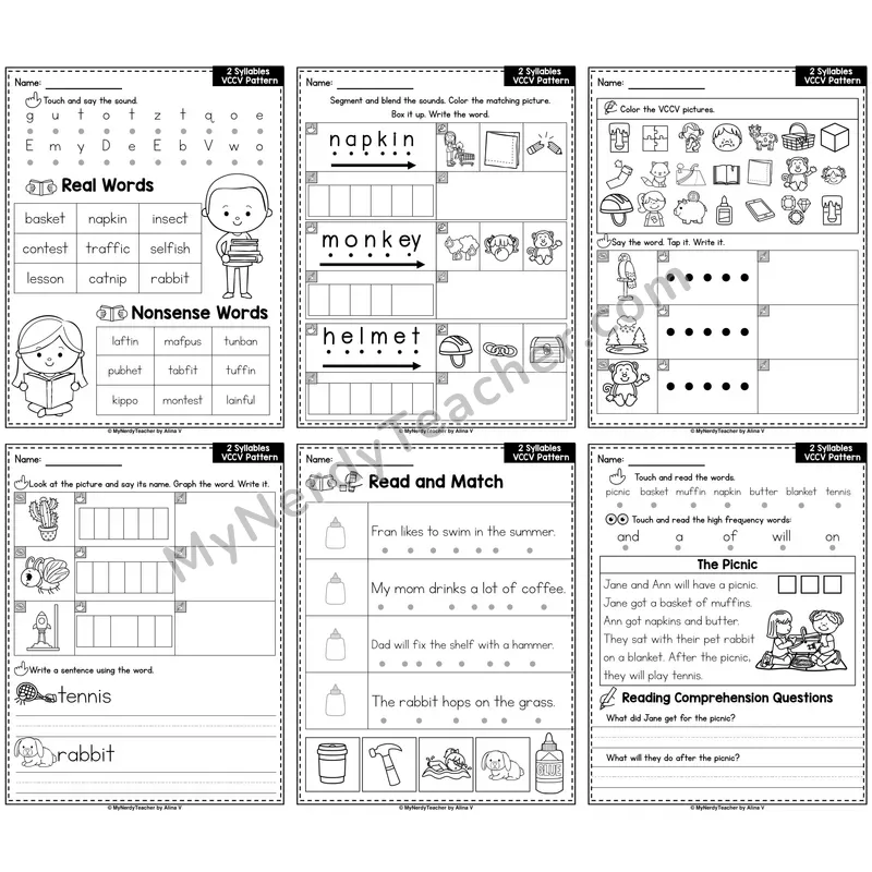 Two-Syllable VCCV Pattern Phonics Worksheet Pack
