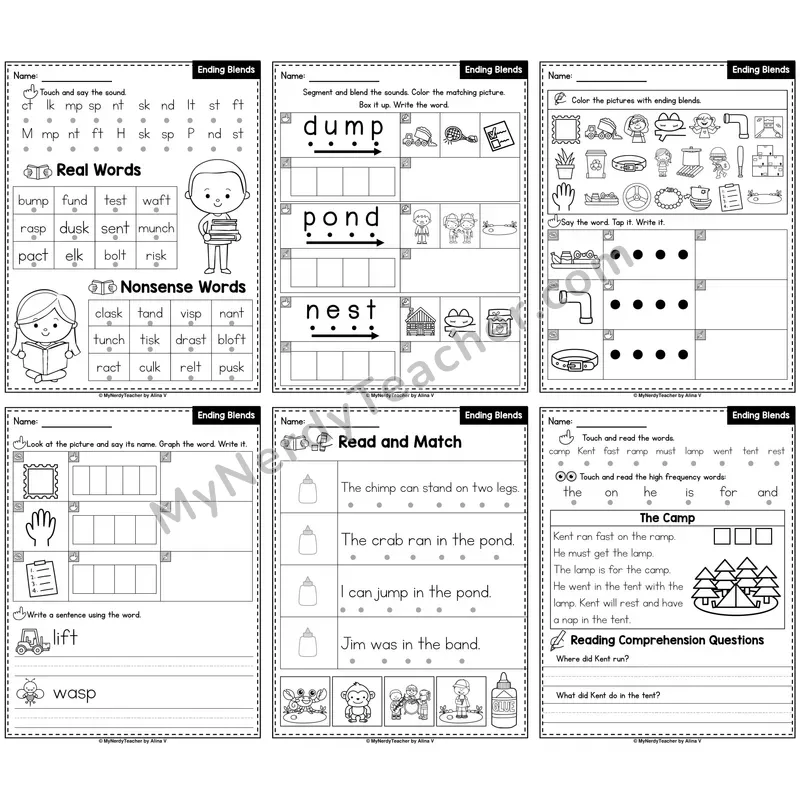 Ending Blends Phonics Worksheet Pack — mp, nd, nk, nt, st, lt, ft