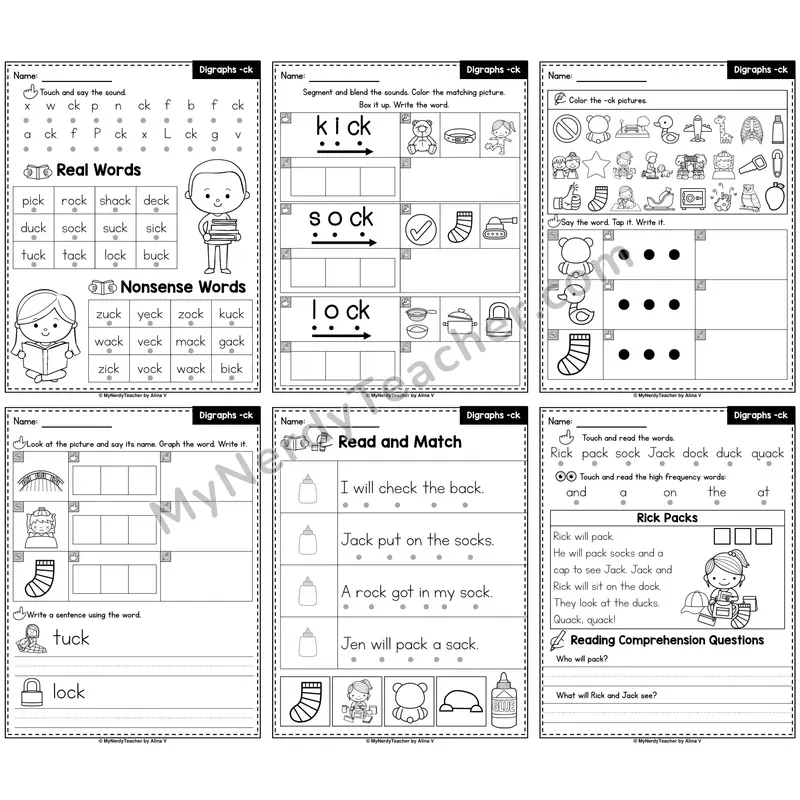 Digraph CK Phonics Worksheet Pack