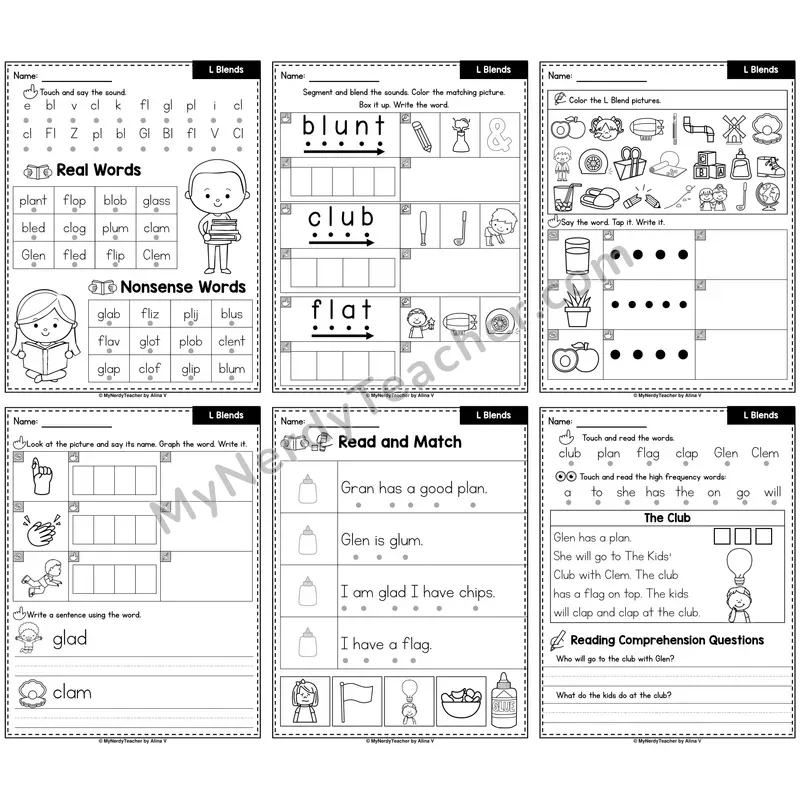 L Blends Phonics Worksheet Pack — bl, cl, fl, gl, pl, sl