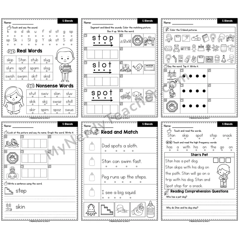 S Blends Phonics Worksheet Pack — sc, sk, sl, sm, sn, sp, st, sw