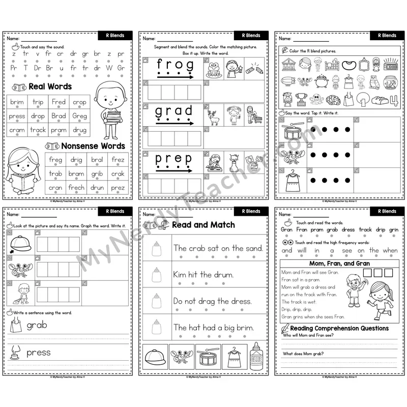 R Blends Phonics Worksheet Pack — br, cr, dr, fr, gr, pr, tr