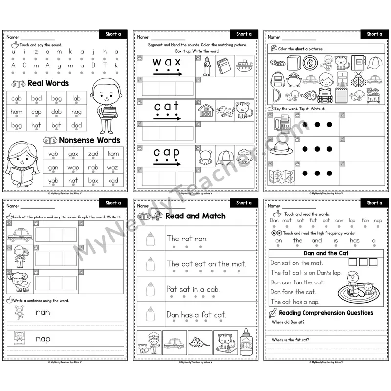 Short A CVC Words Phonics Worksheet Pack