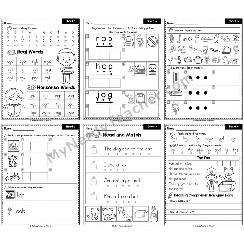 Short O CVC Words Phonics Worksheet Pack