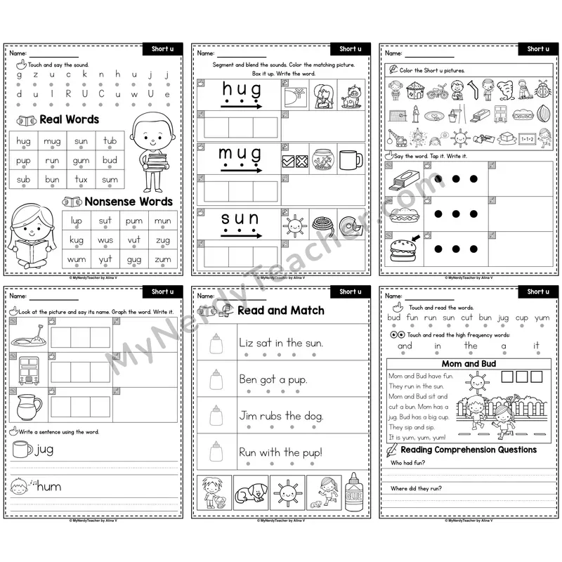 Short U CVC Words Phonics Worksheet Pack
