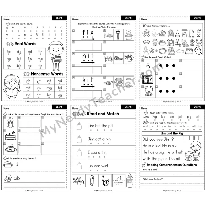 Short I CVC Words Phonics Worksheet Pack