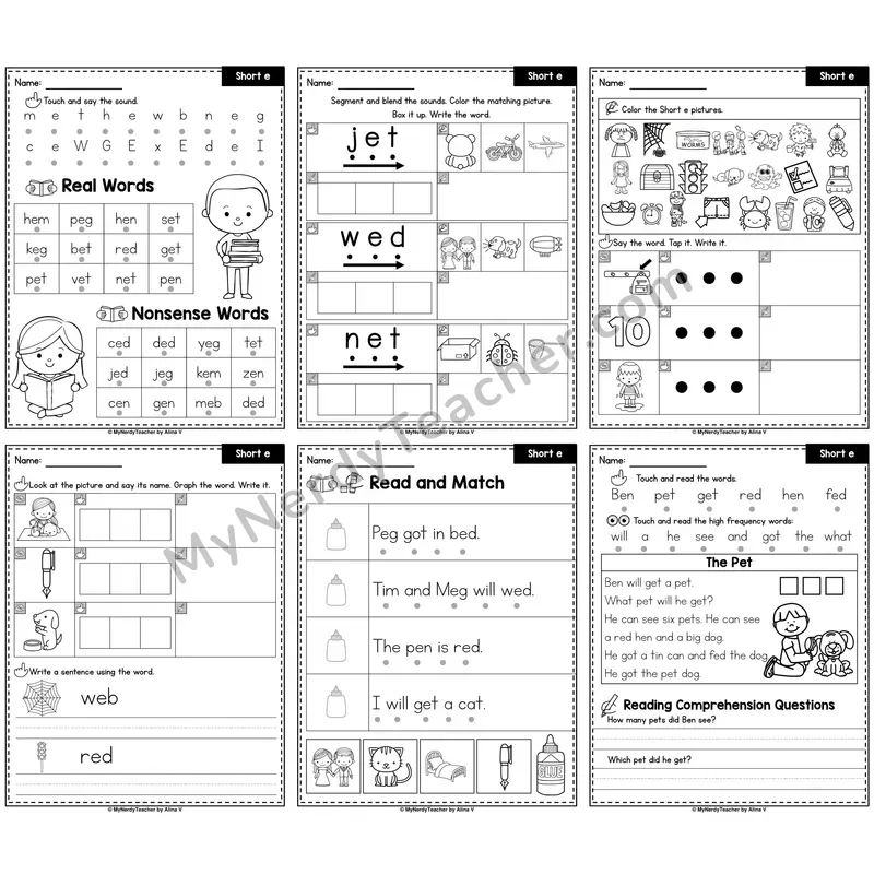 Short E CVC Words Phonics Worksheet Pack