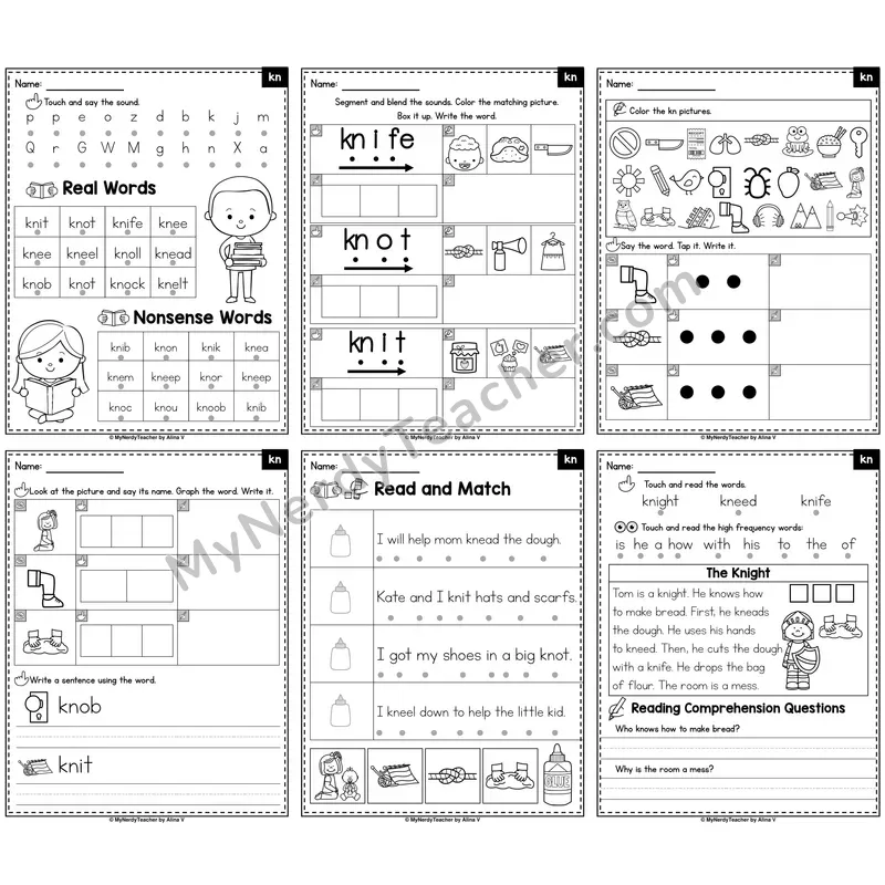 Silent Letter KN Phonics Worksheet Pack — Silent K