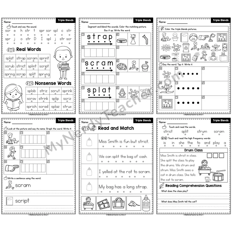 Triple Blends Phonics Worksheet Pack — str, spr, scr, spl
