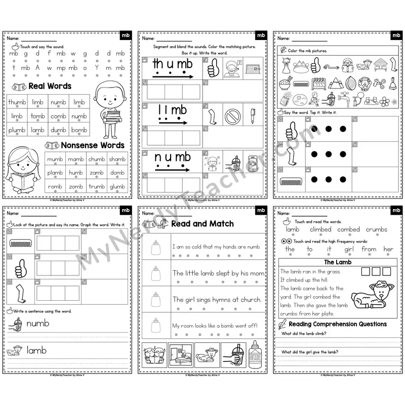 Silent Letter MB Phonics Worksheet Pack — Silent B