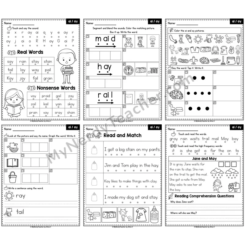 Long A Vowel Teams AI and AY Phonics Worksheet Pack