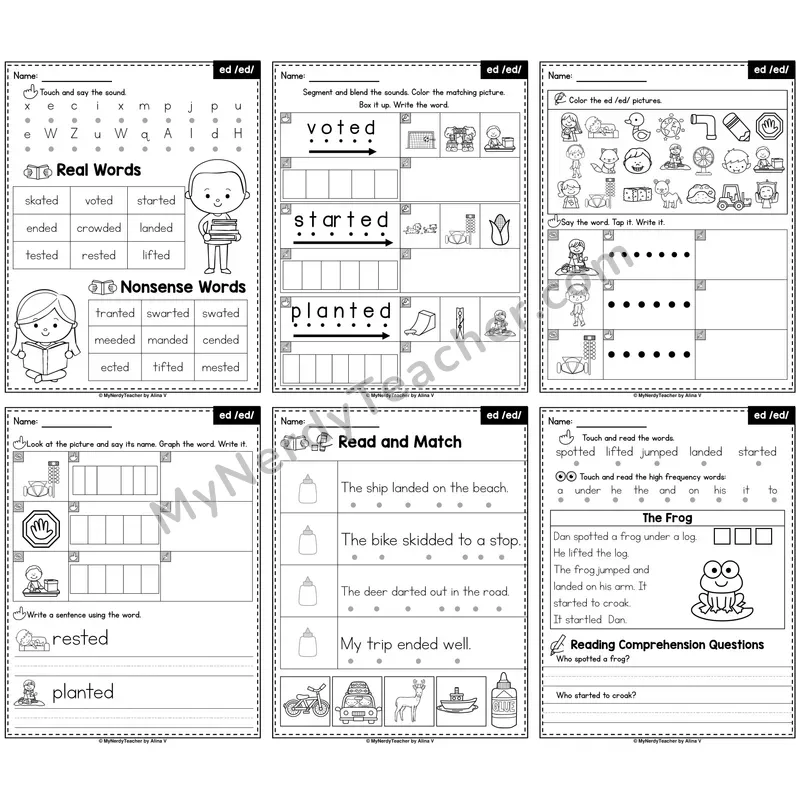 Suffix -ed (Says /ed/) Phonics Worksheet Pack