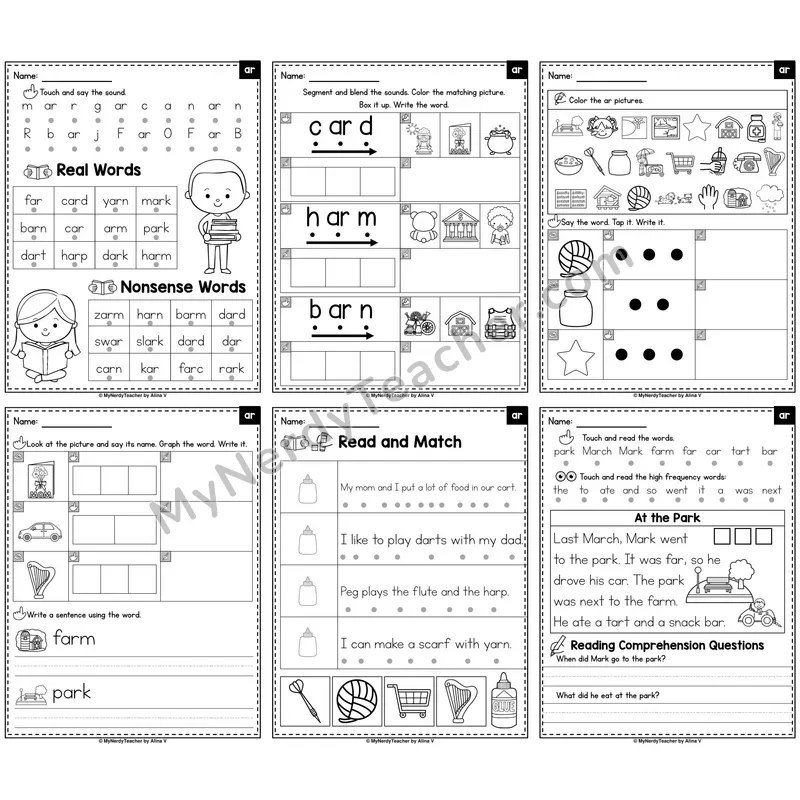 R-Controlled Vowel AR Phonics Worksheet Pack