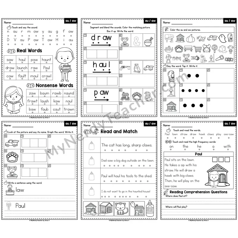 Diphthongs AU and AW Phonics Worksheet Pack