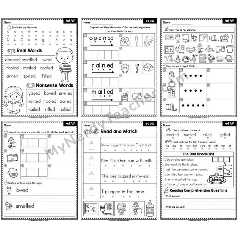 Suffix -ed (Says /d/) Phonics Worksheet Pack