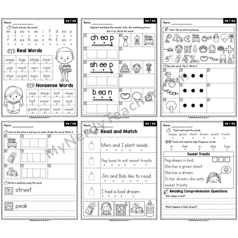 Long E Vowel Teams EE and EA Phonics Worksheet Pack