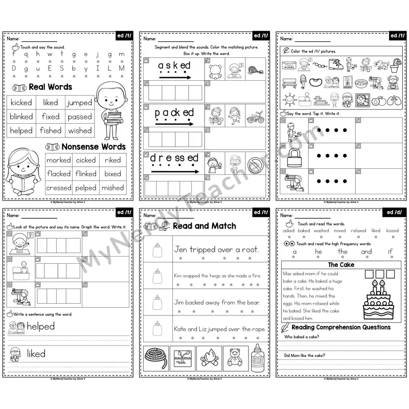Suffix -ed (Says /t/) Phonics Worksheet Pack