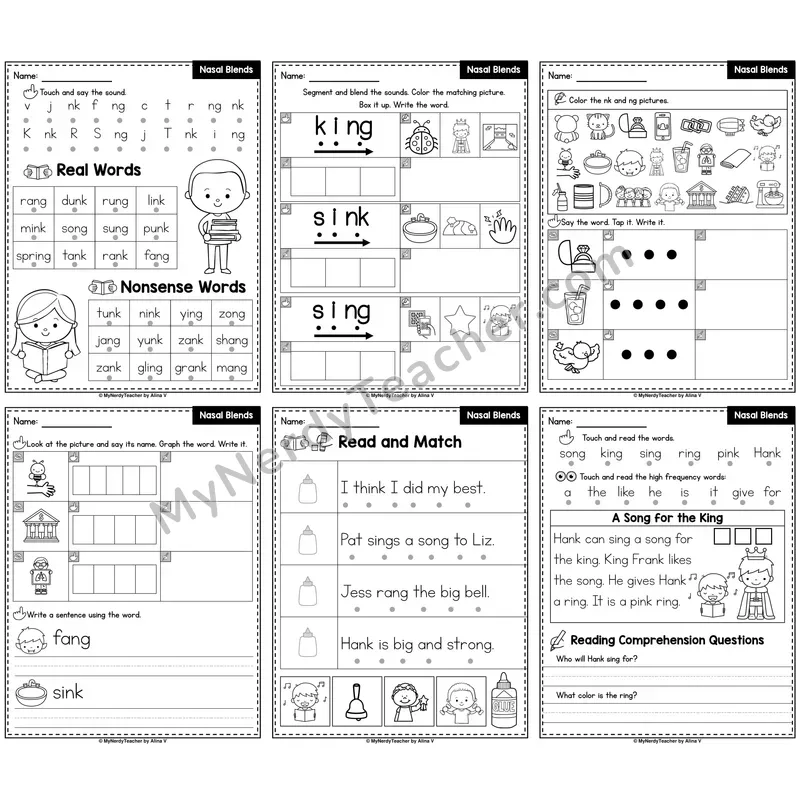 Nasal Blends NK and NG Phonics Worksheet Pack