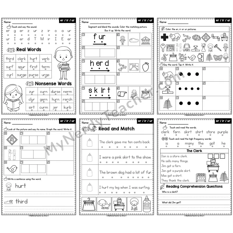 R-Controlled Vowels ER, IR, UR Phonics Worksheet Pack