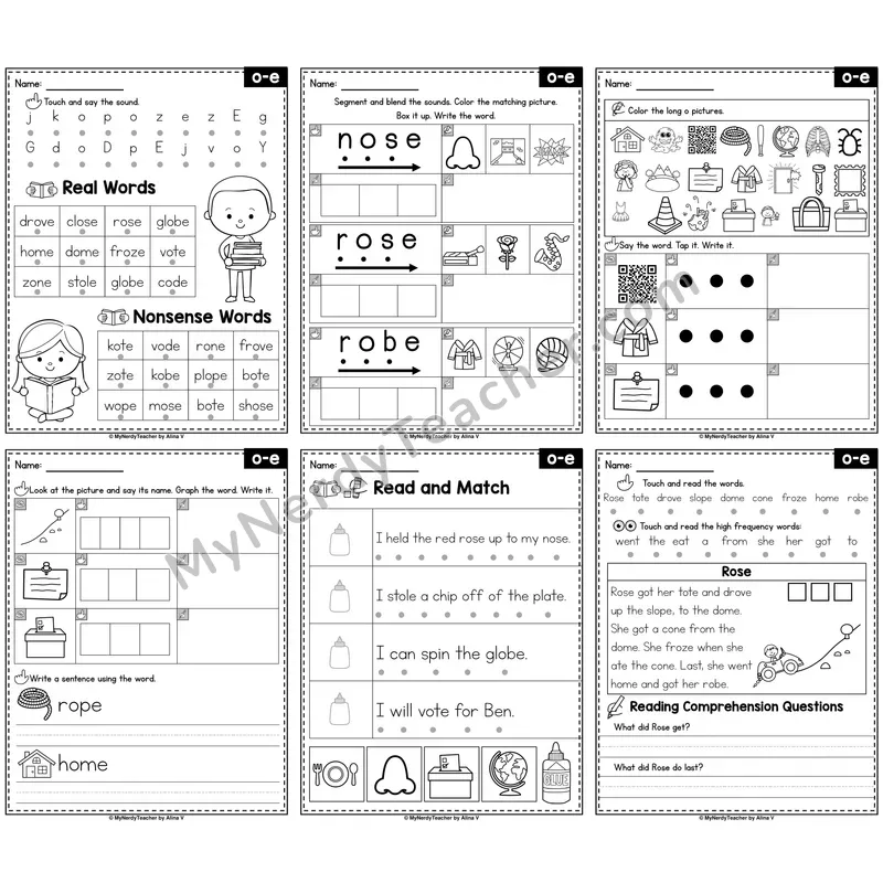 Long O Silent E (o_e) Phonics Worksheet Pack