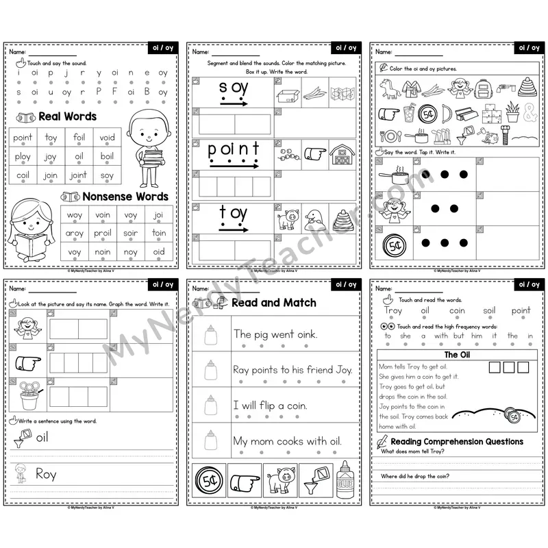 Diphthongs OI and OY Phonics Worksheet Pack