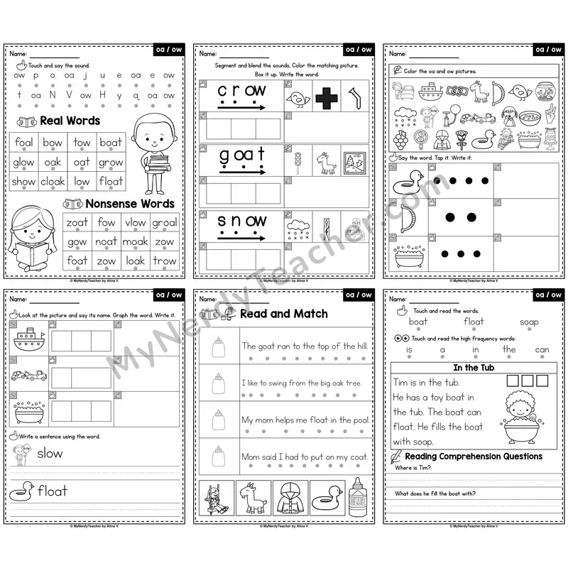 Long O Vowel Teams OA and OW Phonics Worksheet Pack