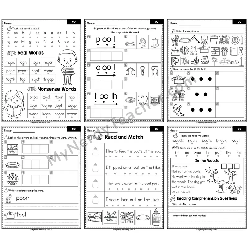 Vowel Team OO Phonics Worksheet Pack