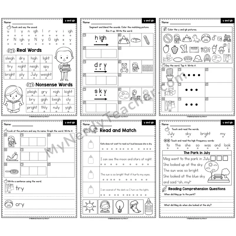Long I Vowel Patterns Y and IGH Phonics Worksheet Pack