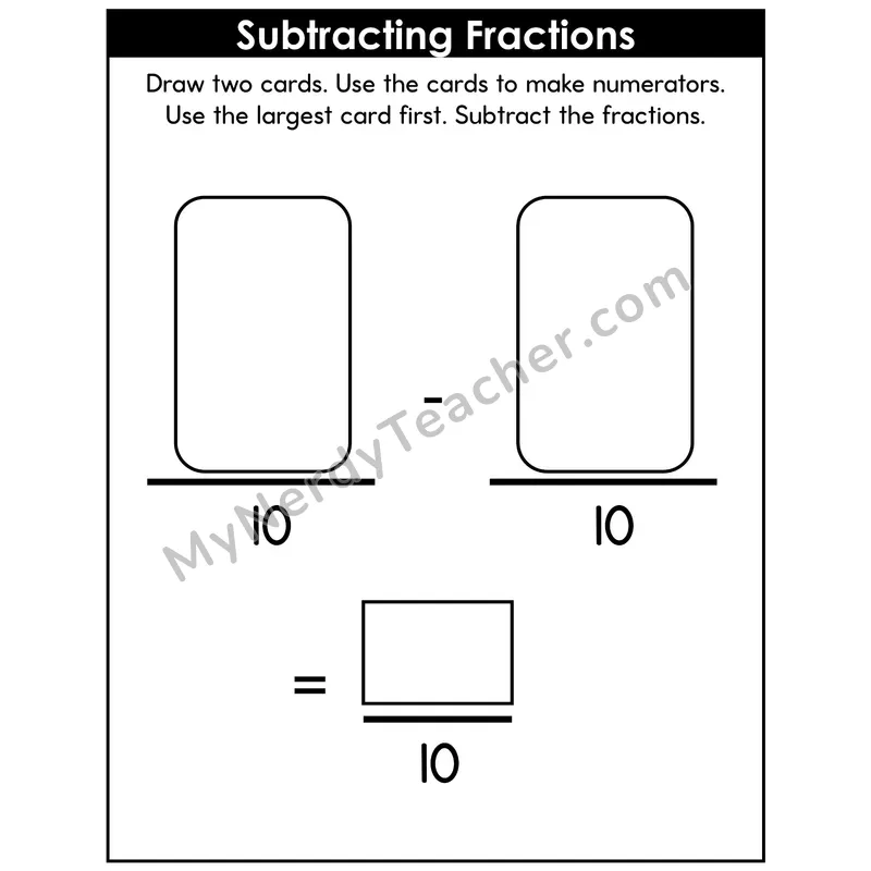 Subtracting Fractions Card Game — Like Denominators of 10