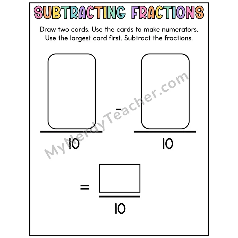 Subtracting Fractions Card Game — Like Denominators of 10