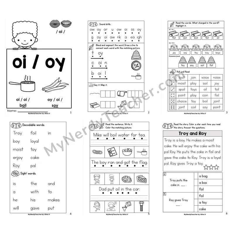 Diphthong oi, oy Worksheet Pack