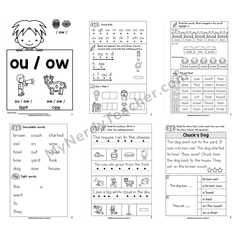Diphthong ou, ow Worksheet Pack